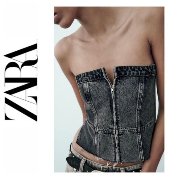 NWT Zara TRF Strapless Denim Front Exposed Zipper Top in Anthracite Grey, Medium - Picture 1 of 16